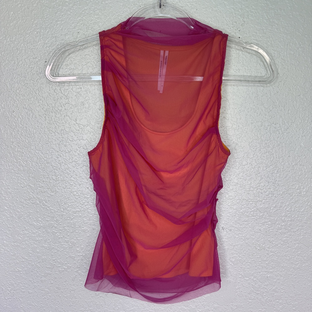 Anthropologie Tank Top Womens Small Draped Mesh Sheer Ruched Orange Pink Overlay